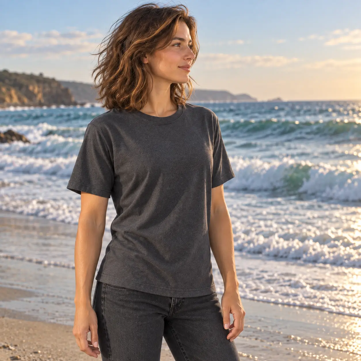 Black Hemp T-shirt Unisex - Female Model beach Black Hemp T-shirt Unisex - Female Model