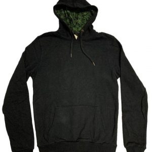 Black Hemp Pullover Hoodie with Green Cannaprint in Hood