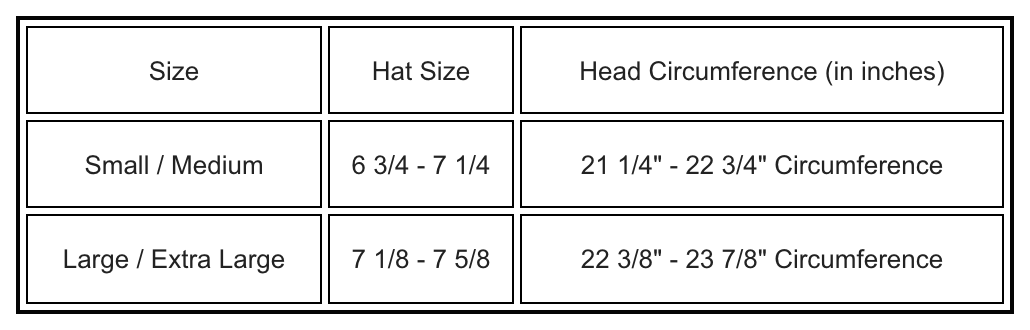 Size Chart for Hemp Hast