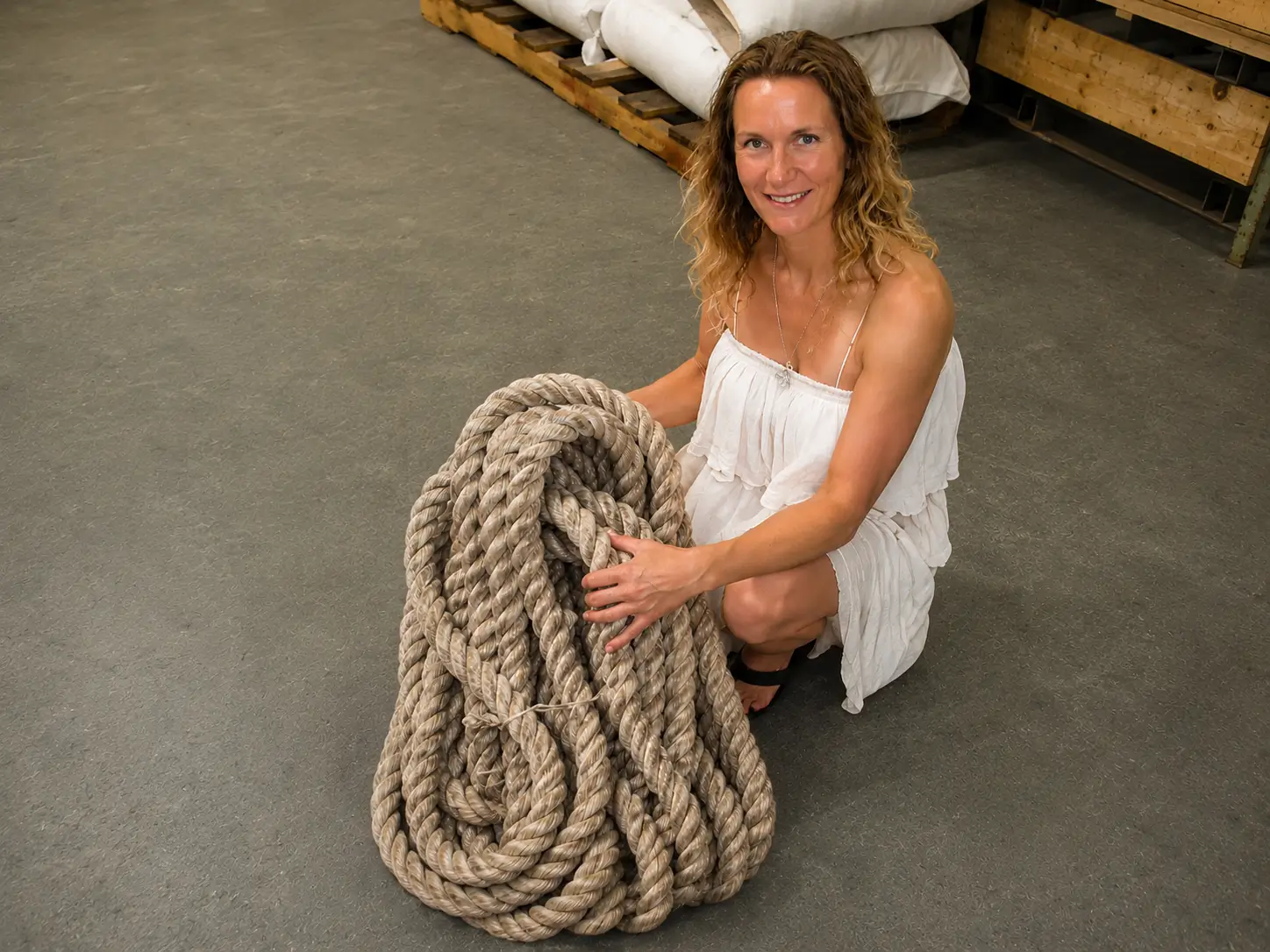 Dodee with hemp rope in the warehouse