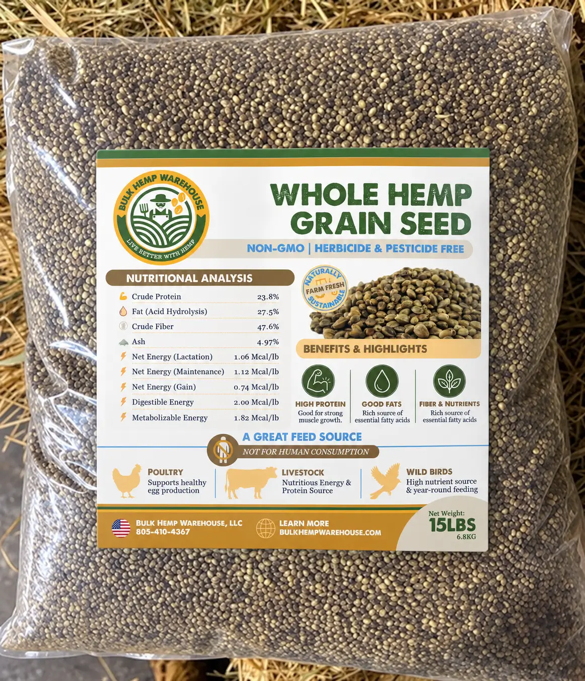 Animal Hemp Grain Feed 15lb Bag Animal hemp grain feed 15lb bag, USA grown whole raw hemp bird seed and pet feed