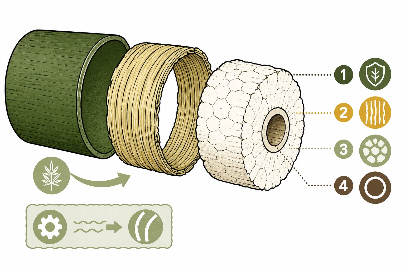 Everything hemp becomes starts here: the pale outer bast fibers spun into cloth and the chalky white core crushed into hempcrete.
