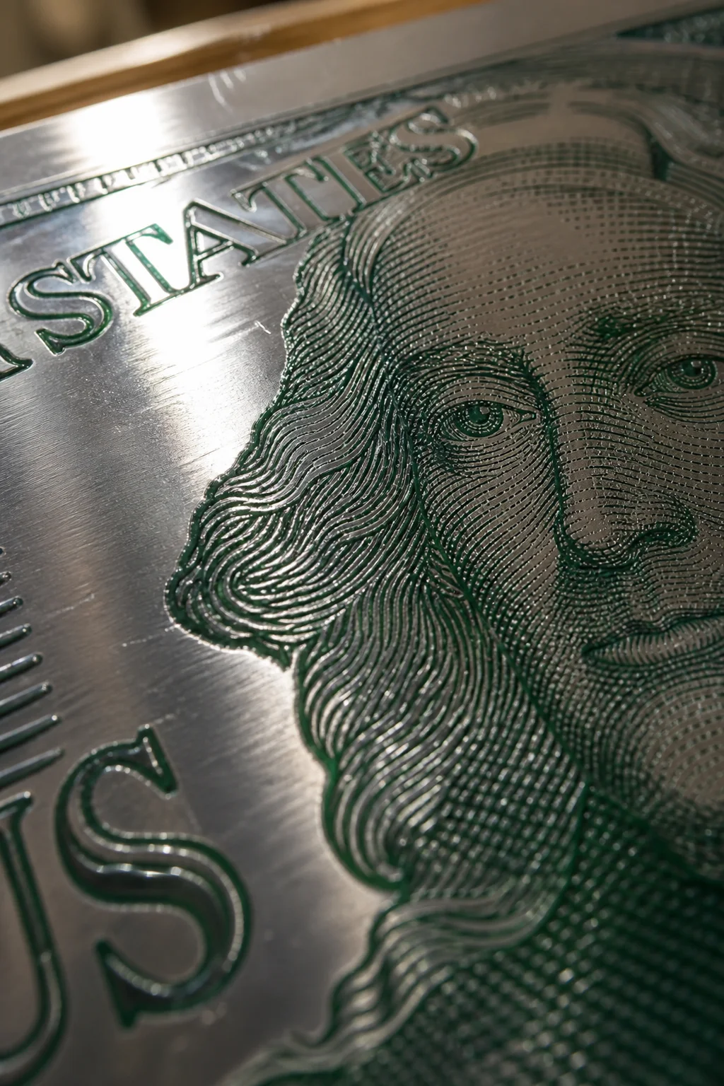 Ink survives only in the recessed engraved lines after the flat surface is wiped clean, which is what gives a dollar its slightly raised, tactile print.