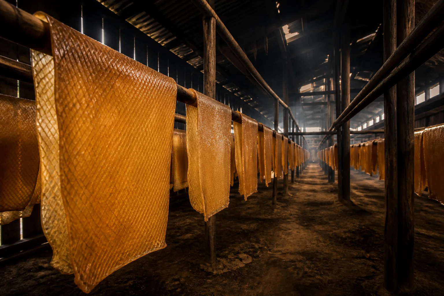 Inside the smokehouse, ribbed sheets of natural rubber cure for days at gentle heat, turned daily so the finished material stays clean and unmarked.