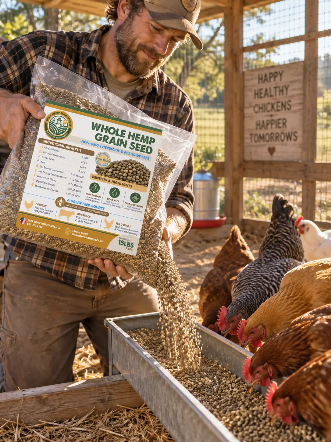 Hemp Grain Seed for Chickens and Poultry Farmer pouring hemp grain seed into a trough for chickens, hemp poultry feed