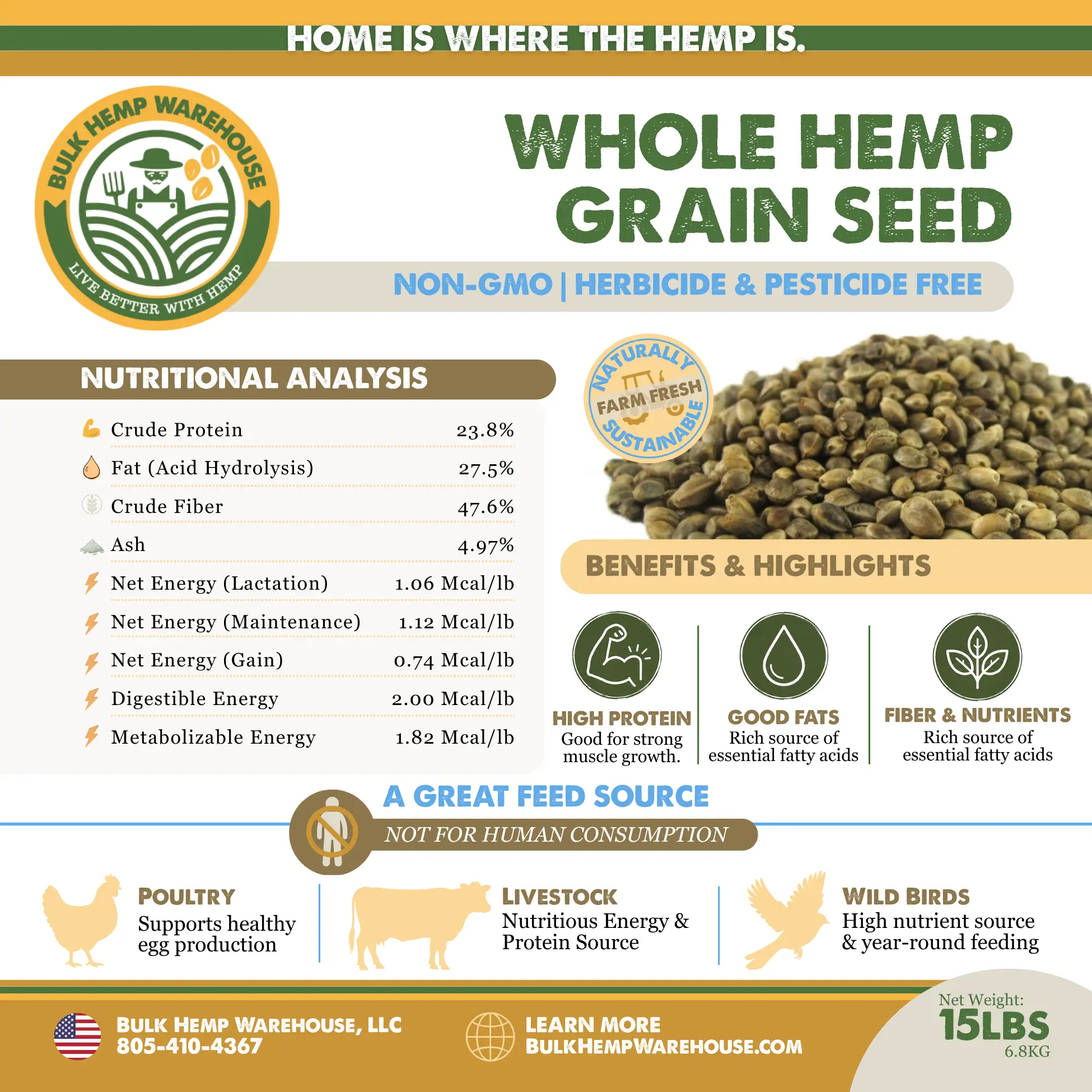 Whole Hemp Grain Seed 15lb Label and Nutritional Analysis Whole hemp grain seed 15lb label with nutritional analysis, non-GMO, herbicide and pesticide free